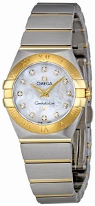 Omega 24mm Constellation Brushed Quartz White Mother Of Pearl Dial Yellow Gold Case, Diamonds On Hour Indices With Yellow Gold And Stainless Steel Bracelet Watch #123.20.24.60.55.002 (Women Watch)
