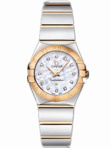 Omega 24mm Constellation Polished Quartz White Mother Of Pearl Rose Yellow Gold Case, Diamonds On Hour Indices With Rose Yellow Gold And Stainless Steel Bracelet Watch #123.20.24.60.55.004 (Women Watch)