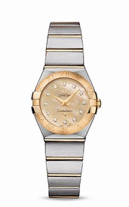 Omega Constellation Quartz Champagne Mother of Pearl Diamond Dial 18k Yellow Gold Bezel 18k Yellow Gold and Stainless Steel Bracelet Watch# 123.20.24.60.57.001 (Women Watch)
