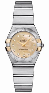 Omega Constellation Qyartz Champagne Mother of Pearl Diamond Dial 18k Yellow Gold and Stainless Steel Bezel Stainless Steel Bracelet Watch# 123.20.24.60.57.002 (Women Watch)