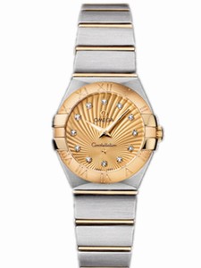 Omega 24mm Constellation Brushed Quartz Champagne Gold Dial Case, Diamonds On Hour Indices With Yellow Gold And Stainless Steel Bracelet Watch #123.20.24.60.58.001 (Women Watch)