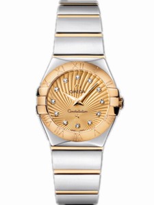 Omega 24mm Constellation Polished Quartz Champagne Gold Dial Case, Diamonds On Hour Indices With Yellow Gold And Stainless Steel Bracelet Watch #123.20.24.60.58.002 (Women Watch)