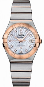 Omega 27mm Automatic Chronometer White Mother Of Pearl Dial Steel Gold Case, Diamonds With Steel Gold And Stainless Steel Bracelet Watch #123.20.27.20.55.001 (Women Watch)