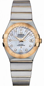 Omega 27mm Constellation Automatic Brushed Chronometer White Mother Of Pearl Dial Yellow Gold Case, Diamonds On Hour Indices With Yellow Gold And Stainless Steel Bracelet Watch #123.20.27.20.55.002 (Women Watch)