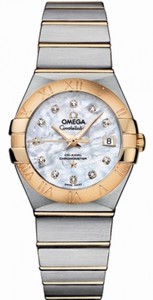 Omega 27mm Automatic Brushed Chronometer White Mother Of Pearl Dial Yellow Gold Case, Diamonds On Hour Indices With Yellow Gold And Stainless Steel Bracelet Watch #123.20.27.20.55.003 (Women Watch)