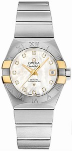 Omega Constellation Co-Axial Automatic White Mother of Pearl Diamond Dial 18k Yellow Gold and Stainless Steel Case Stainless Steel Bracelet Watch# 123.20.27.20.55.005 (Women Watch)