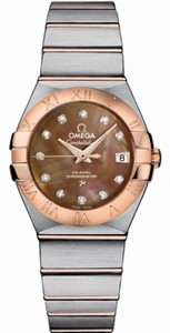 Omega 27mm Automatic Brushed Chronometer Brown Dial Rose Gold Case, Diamonds On Hour Indices With Rose Gold And Stainless Steel Bracelet Watch #123.20.27.20.57.001 (Women Watch)