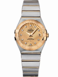 Omega 27mm Automatic Chronometer Constellation Brushed Yellow Gold Dial And Case, Diamonds On Hour Bezel With Yellow Gold And Stainless Steel Bracelet Watch #123.20.27.20.58.001 (Women Watch)