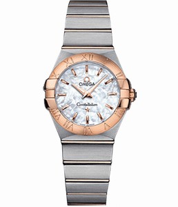 Omega 27mm Constellation Brushed Quartz White Mother Of Pearl Dial Rose Gold Case With Rose Gold And Stainless Steel Bracelet Watch #123.20.27.60.05.001 (Women Watch)