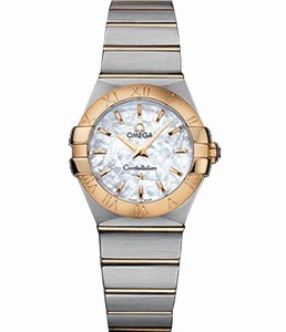 Omega 27mm Constellation Brushed Quartz White Mother Of Pearl Dial Yellow Gold Case With Yellow Gold And Stainless Steel Bracelet Watch #123.20.27.60.05.002 (Women Watch)