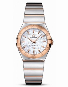 Omega 27mm Constellation Polished Quartz White Mother Of Pearl Dial Rose Gold Case With Rose Gold And Stainless Steel Bracelet Watch #123.20.27.60.05.003 (Women Watch)