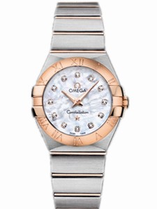 Omega 27mm Constellation Polished Quartz White Mother Of Pearl Dial Rose Gold Case Diamonds On Hour Indices With Rose Gold And Stainless Steel Bracelet Watch #123.20.27.60.55.001 (Women Watch)