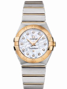 Omega 27mm Constellation Polished Quartz White Mother Of Pearl Dial Yellow Gold Case, Diamonds With Yellow Gold And Stainless Steel Bracelet Watch #123.20.27.60.55.002 (Women Watch)