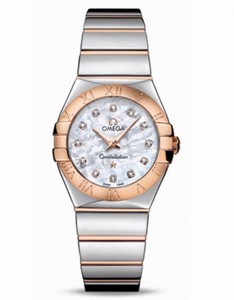 Omega 27mm Constellation Polished Quartz White Mother Of Pearl Dial Rose Gold Case, Diamonds With Rose Gold And Stainless Steel Bracele Watch #123.20.27.60.55.003 (Women Watch)