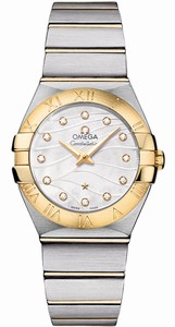 Omega Constellation Quartz White Mother of Pearl Diamond Dial 18k Yellow Gold Bezel 18k Yellow Gold and Stainless Steel Bracelet Watch# 123.20.27.60.55.005 (Women Watch)