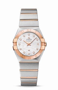 Omega Constellation Quartz White Mother of Pearl Diamond Dial 18k Rose Gold Bezel 18k Rose Gold and Stainless Steel Watch# 123.20.27.60.55.006 (Women Watch)