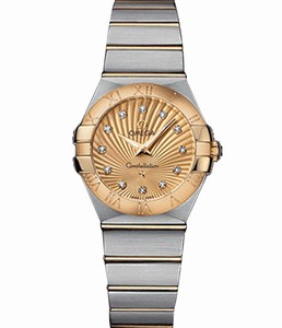 Omega 27mm Constellation Brushed Quartz Champagne Gold Dial And Case, Diamonds On Hour Indices With Yellow Gold And Stainless Steel Bracelet Watch #123.20.27.60.58.001 (Women Watch)