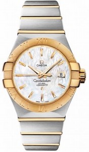 Omega 31mm Automatic Brushed Chronometer White Mother Of Pearl Dial Yellow Gold Case With Yellow Gold And Stainless Steel Bracelet Watch #123.20.31.20.05.002 (Women Watch)