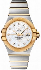Omega 31mm Automatic Brushed Chronometer White Mother Of Pearl Dial Yellow Gold Case, Diamonds With Yellow Gold And Stainless Steel Bracelet Watch #123.20.31.20.55.002 (Women Watch)