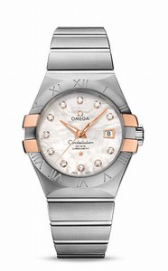 Omega Constellation Co-Axial Automatic Chronometer White Mother of Pearl Diamond Dial 18k Rose Gold and Stainless Steel Case Stainless Steel Bracelet (31mm) Watch# 123.20.31.20.55.003 (Women Watch)
