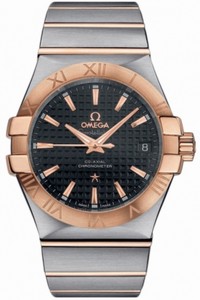 Omega 35mm Automatic Chronometer Black Dial Rose Gold Case With Rose Gold And Stainless Steel Bracelet Watch #123.20.35.20.01.001 (Men Watch)