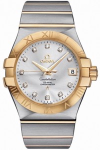 Omega 35mm Automatic Chronometer Silver Dial Yellow Gold Case, Diamonds With Yellow Gold And Stainless Steel Bracelet Watch #123.20.35.20.52.002 (Men Watch)