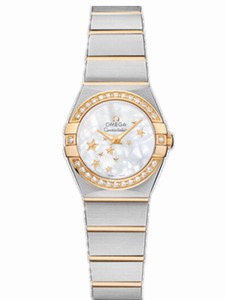 Omega 24mm Constellation Brushed Quartz White Mother Of Pearl Dial Yellow Gold Case, Diamonds Yellow Gold And Stainless Steel Bracelet Watch #123.25.24.60.05.001 (Women Watch)