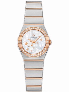 Omega 24mm Constellation Brushed Quartz White Mother Of Pearl Dial Yellow Gold Case, Diamonds Yellow Gold And Stainless Steel Bracelet Watch #123.25.24.60.05.002 (Women Watch)