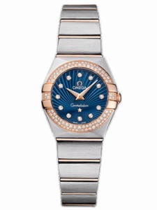 Omega 24mm Constellation Brushed Quartz Blue Dial Rose Gold Case, Diamonds With Rose Gold And Stainless Steel Bracelet Watch #123.25.24.60.53.001 (Women Watch)
