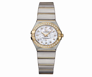 Omega 24mm Constellation Brushed Quartz White Mother Of Pearl Dial Yellow Gold Case, Diamonds With Yellow Gold And Stainless Steel Bracelet Watch #123.25.24.60.55.003 (Women Watch)
