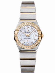 Omega 24mm Constellation Brushed Quartz White Mother Of Pearl Dial Yellow Gold Case, Diamonds With Yellow Gold And Stainless Steel Bracelet Watch #123.25.24.60.55.004 (Women Watch)
