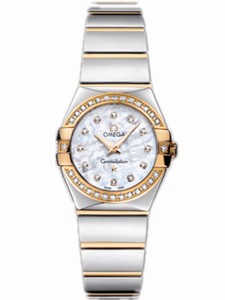 Omega 24mm Constellation Polished Quartz White Mother Of Pearl Dial Yellow Gold Case, Diamonds With Yellow Gold And Stainless Steel Bracelet Watch #123.25.24.60.55.007 (Women Watch)