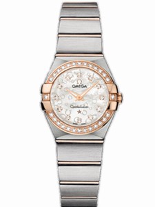 Omega 24mm Constellation Brushed Quartz White Mother Of Pearl Dial Rose Gold Case, Diamonds With Rose Gold And Stainless Steel Bracelet Watch #123.25.24.60.55.009 (Women Watch)