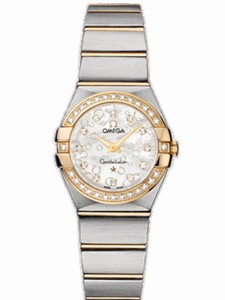 Omega 24mm Constellation Brushed Quartz White Mother Of Pearl Dial Yellow Gold Case, Diamonds With Yellow Gold And Stainless Steel Bracelet Watch #123.25.24.60.55.010 (Women Watch)