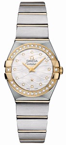 Omega Constellation Quartz White Mother of Pearl Diamond Dial Diamond Bezel 18k Yellow Gold and Stainless Steel Watch# 123.25.24.60.55.011 (Women Watch)