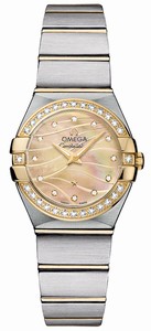 Omega Constellation Quartz Champagne Mother of Pearl Diamond Dial Diamond Bezel 18k Yellow Gold and Stainless Steel Bracelet Watch# 123.25.24.60.57.001 (Women Watch)
