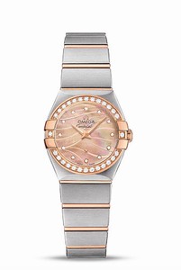 Omega Constellation Quartz Rose Gold Mother of Pearl Diamond Dial Diamond Bezel 18k Rose Gold and Stainless Steel Bracelet Watch# 123.25.24.60.57.002 (Women Watch)