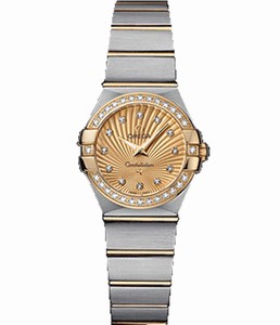Omega 24mm Constellation Brushed Quartz Champagne Gold Dial Case, Diamonds With Yellow Gold And Stainless Steel Bracelet Watch #123.25.24.60.58.001 (Women Watch)