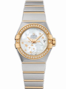 Omega 27mm Automatic Brushed Chronometer White Mother Of Pearl Dial Yellow Gold Case, Diamonds With Yellow Gold And Stainless Steel Bracelet Watch #123.25.27.20.05.001 (Women Watch)