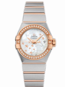 Omega 27mm Automatic Brushed Chronometer White Mother Of Pearl Dial Rose Gold Case, Diamonds With Rose Gold And Stainless Steel Bracelet Watch #123.25.27.20.05.002 (Women Watch)