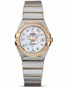 Omega 27mm Constellation Brushed Quartz White Mother Of Pearl Dial Yellow Gold Case, Diamonds With Yellow Gold And Stainless Steel Bracelet Watch #123.25.27.20.55.002 (Women Watch)