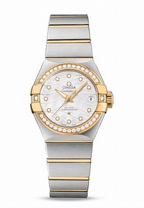 Omega Constellation Co-Axial Automatic Mother of Pearl Diamond Dial Diamond Bezel 18k Yellow Gold and Stainless Steel Bracelet Watch# 123.25.27.20.55.004 (Women Watch)