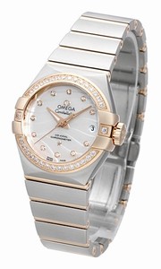 Omega Constellation Co-Axial Automatic White Mother of Pearl Diamond Dial Date Diamond Bezel 18k Rose Gold and Stainless Steel Bracelet Watch# 123.25.27.20.55.005 (Men Watch)