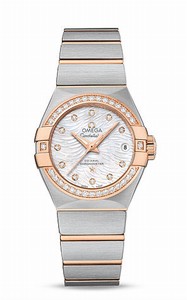 Omega Constellation Co-Axial Automatic White Mother of Pearl Diamond Dial Date Diamond Bezel 18k Rose Gold and Stainless Steel Watch# 123.25.27.20.55.006 (Women Watch)