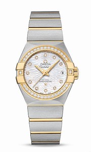 Omega Constellation Co-Axial Automatic White Mother of Pearl Diamond Dial Date Diamond Bezel 18k Yellow Gold and Stainless Steel Watch# 123.25.27.20.55.007 (Women Watch)