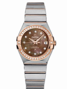 Omega 27mm Constellation Brushed Chronometer Brown Mother Of Pearl Dial Rose Gold Case, Diamonds With Stainless Steel Bracelet Watch #123.25.27.20.57.001 (Women Watch)
