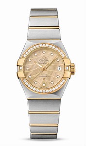 Omega Constellation Co-Axial Automatic Champagne Mother of Pearl Diamond Dial Date Diamond Bezel 18k Yellow Gold and Stainless Steel Watch# 123.25.27.20.57.002 (Women Watch)