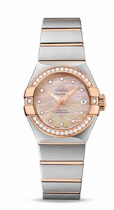 Omega Constellation Co-Axial Automatic Mother of Pearl Diamond Dial Diamond Bezel 18k Rose Gold and Stainless Steel Watch# 123.25.27.20.57.003 (Women Watch)