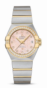 Omega Constellation Co-Axial Automatic Pink Mother of Pearl Diamond Dial Date Diamond Bezel 18k Yellow Gold and Stainless Steel Watch# 123.25.27.20.57.005 (Women Watch)