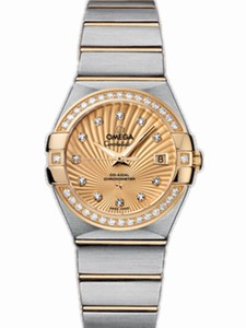 Omega 27mm Constellation Brushed Chronometer Champagne Gold Dial Yellow Gold Case, Diamonds With Yellow Gold And Stainless Steel Bracelet Watch #123.25.27.20.58.001 (Women Watch)